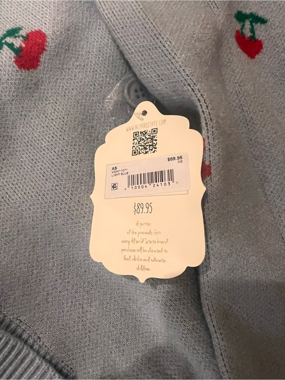 Altar'd State Light Blue Knit Cardigan with Red Cherry Motif - Picture 2 of 2